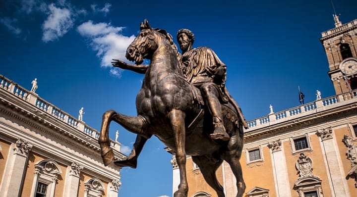 A bronze statue of Marcus Aurelius on his horse