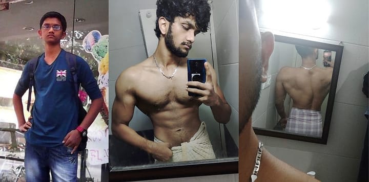 Collage of the author’s V-taper physique transformation