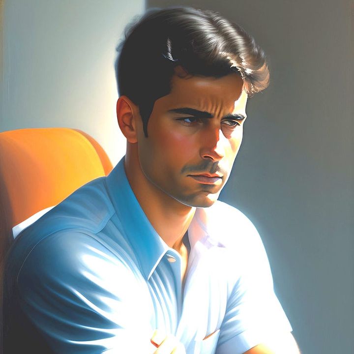 AI-generated image of a tense-looking man wearing a polo t-shirt thinking about something