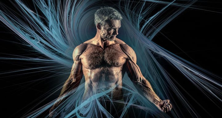 A shirtless 40-something male with a ripped aesthetic physique
